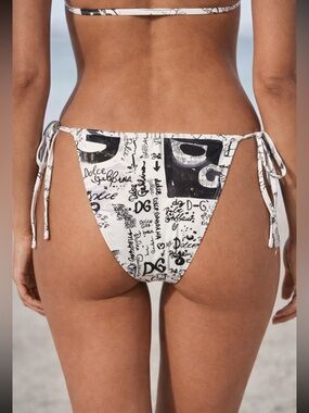 Dolce & Gabbana Script Logo Tie-Side Bikini Bottom - White/Black Medium $324
